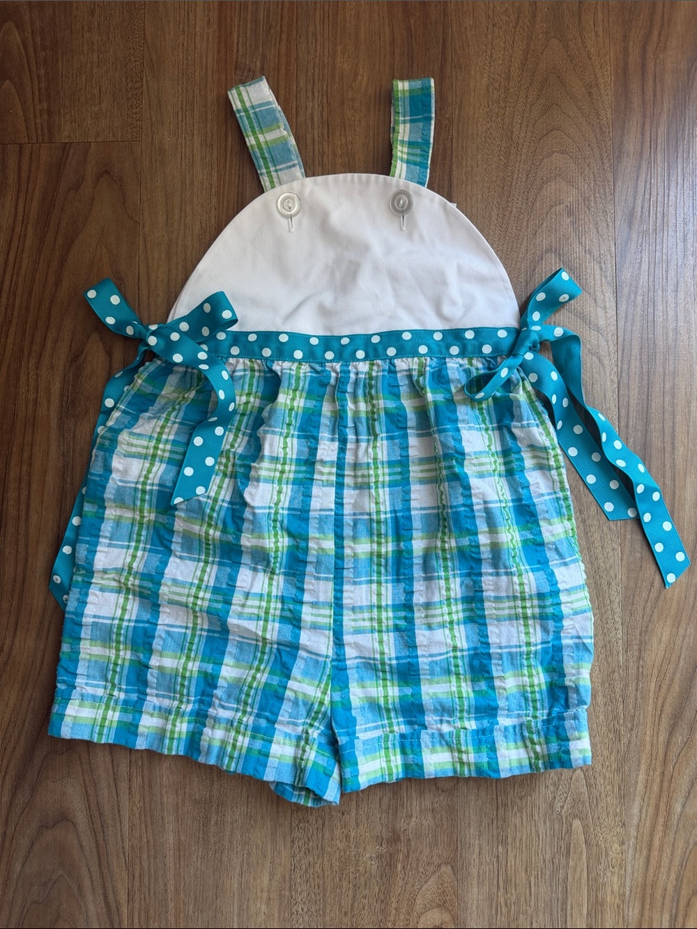 Kelly's Kids Teal Plaid Romper with White Bib and Polka Dot Ties